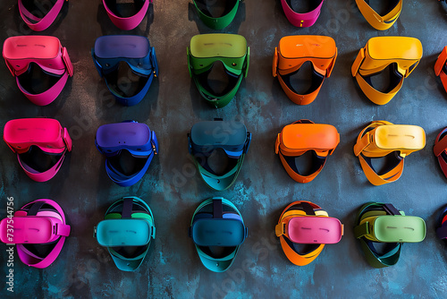 A series of virtual reality headsets arranged in a symmetrical pattern, in vibrant colors, on a charcoal grey wall.
