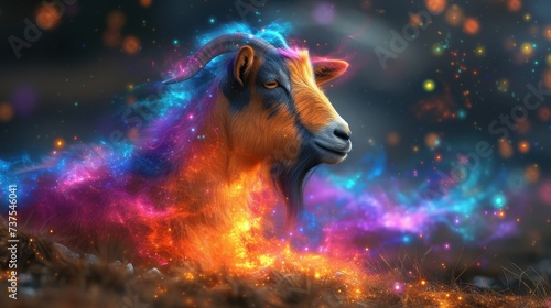 a close up of a goat in a field of grass with a sky in the background and stars in the sky.