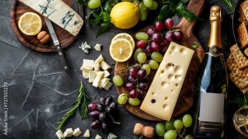 cheese board, with white and gouda cheese, grapes and lemon with bottle of champagne generative ai