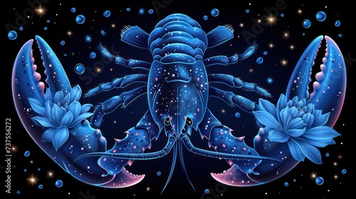a painting of a blue lobster with blue flowers on it's back and a star filled sky in the background.