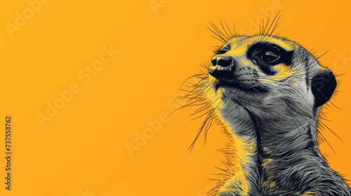 a close up of a meerkat's face on a yellow background with the meerkat looking up.