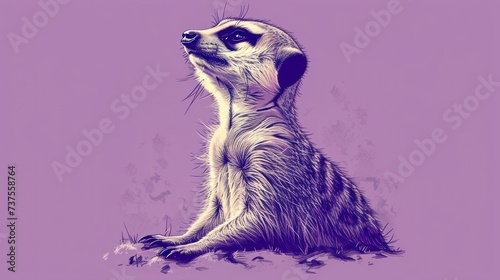 a drawing of a meerkat sitting on its hind legs and looking up at something on a purple background.