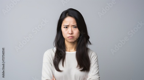 Portrait of an upset unsatisfied asian woman standing with arms folded and looking away isolated over white background