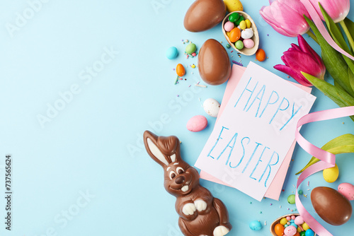Easter greetings: a warm wish. Top view of pink tulips, greeting card saying "Happy Easter", chocolate rabbit and colorful eggs and candies on pastel blue surface, ideal for a festive message