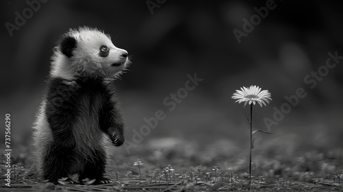 a black and white photo of a baby panda standing on its hind legs with a flower in front of it.