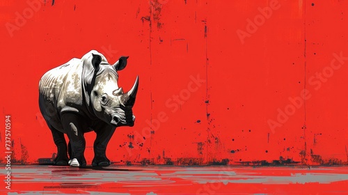 a rhino standing in front of a red wall with a black and white painting of a rhino on it's side.