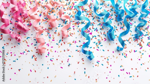Curled ribbons in pink and blue hues entwine with a burst of colorful confetti on a white surface.