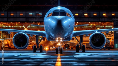 a large jetliner sitting on top of a tarmac next to an airport tarmac with lights on it.