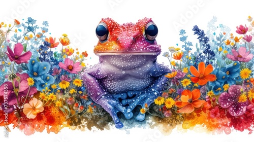 a watercolor painting of a frog sitting in a field of wildflowers and daisies on a white background.