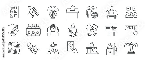 Democracy simple minimal thin line icons. Related election,campaign, polling, political. Editable stroke. Vector illustration. 