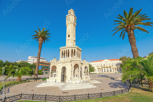 Clock Tower on Konak Square in Izmir is an iconic timepiece that has graced the city since its construction in 1901. Rising proudly amidst Konak Square's bustling activity in Izmir, Turkey.