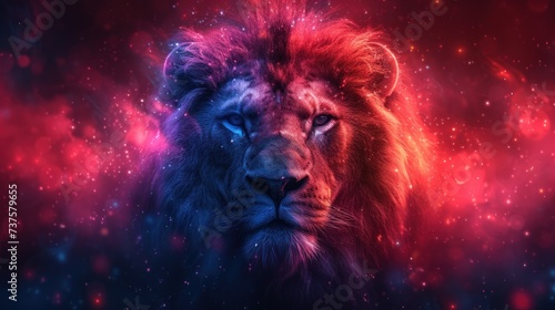 a close up of a lion's face in front of a red and blue background with a lot of stars.
