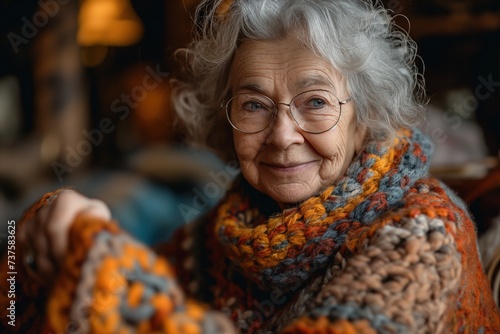 An older woman wearing glasses and a scarf.