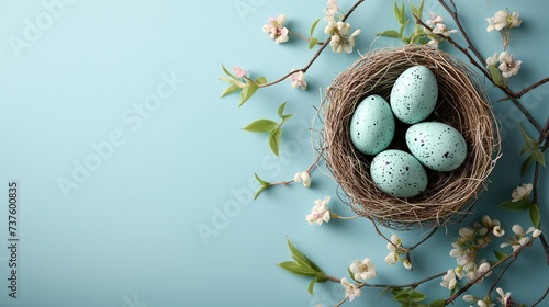 Easter poster background template with Easter eggs in the nest on light blue background