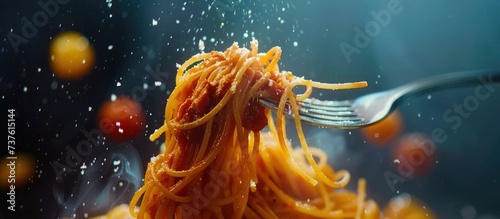 Close up tasty spaghetti pasta with a fork on blur background. AI generated image