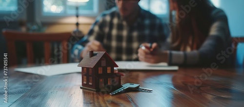 Young couple with key and tiny toy house on table for deal buying a new property. AI generated image