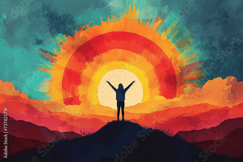 Ilustración de un amanecer lleno de colores cálidos y una figura humana saludando al nuevo día, simbolizando oportunidades y positividad