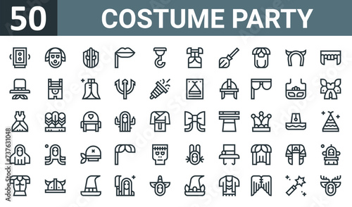 set of 50 outline web costume party icons such as speakers, clown, mask, kiss, hook, epochal dress, broom vector thin icons for report, presentation, diagram, web design, mobile app.