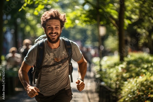 Portrait of a young smiling Caucasian tourist running in a park.