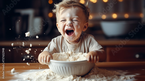 A cheerful little boy with a big bowl of flour. Encouraging early exploration and creativity. Generative AI.