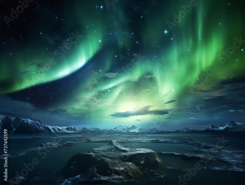 Enchanting auroras dance above the serene water, illuminating the starry night sky with ethereal shades of green against a majestic winter landscape