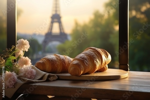 Delicious french croissants and flowers with enchanting Eiffel Tower blur background, Paris