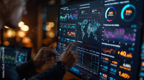 A futuristic touchscreen interface allows users to delve into the details of their financial portfolios with ease. Powerful data visualizations and interactive dashboards