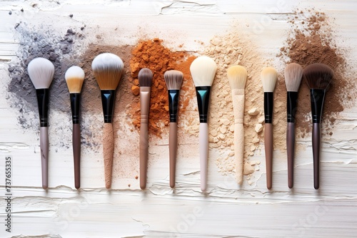 Fashion cosmetic brush makeup set. Minimal. Beauty products, Cosmetic trend accessories, fashionable art brushes Flat lay. Creative colorful make up concept, banner