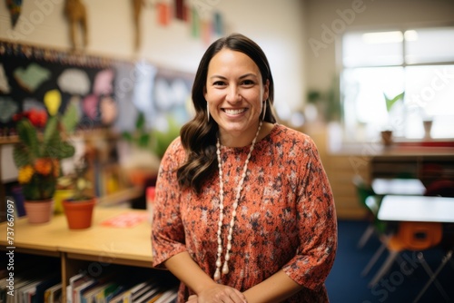 A compassionate Special Education Teacher from a public school, surrounded by a colorful and inclusive learning environment