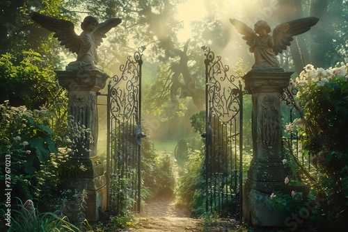 Heavenly gates opening into a lush garden paradise With ethereal light and welcoming angels