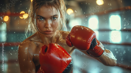 A Thai strong Female boxer hits a huge punching bag at a boxing studio. Woman Muay Thai boxer training hard with sweating body and water splashing drops