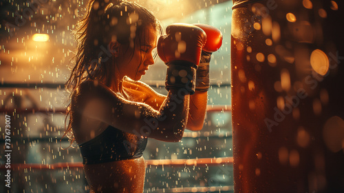 A Thai beautiful Female boxer hits a huge punching bag at a boxing studio. Woman Muay Thai boxer training hard with sweating body and water splashing drops
