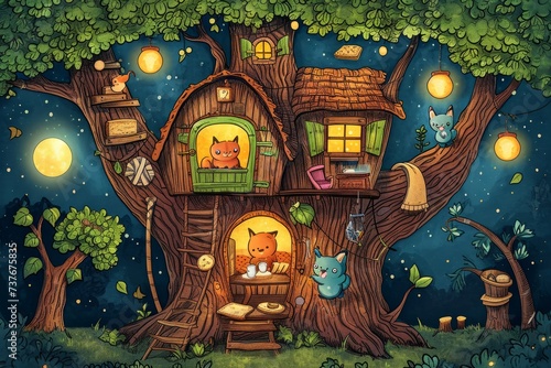 Cartoon cute doodles of a snug treehouse, with characters enjoying tea and biscuits in a cozy, treetop retreat, Generative AI