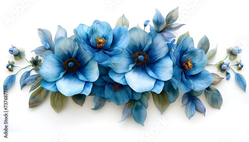 Raster illustration of beautiful blue flower arrangement with bracelet, leaves, and fragrant colors in sea tones. Suitable for botanical garden events and fine art decoration.