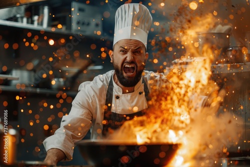 The head chef acts extremely angry against the backdrop of fire from an exploding frying pan. Spices spread in the air