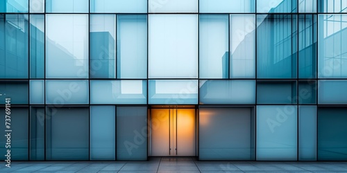 Close up of modern architecture in an industrial or office building with a metal wall glass door and a hi tech geometric steel structure featuring rectangles and parallel lines, Generative AI 