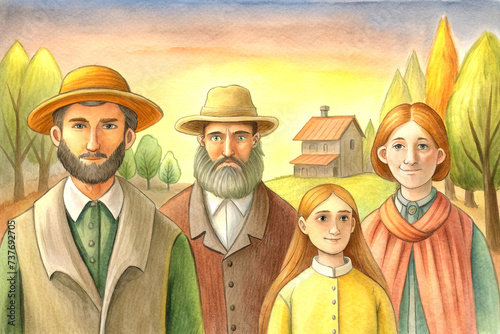 Hand drawn illustration of a group of Early American settlers