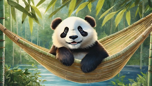 Panda enjoying a lazy day lounging in a hammock strung between two bamboo trees