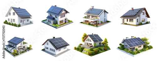 Set of 3D model of family house with solar panels on the roof on transparency background PNG