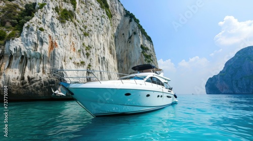 A white boat in the water near a cliff. Generative AI.