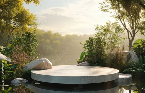 3d podium Stone podium, beautiful landscape with mountains and blue sky on the background, round marble platform for cosmetic product in renaissance art style