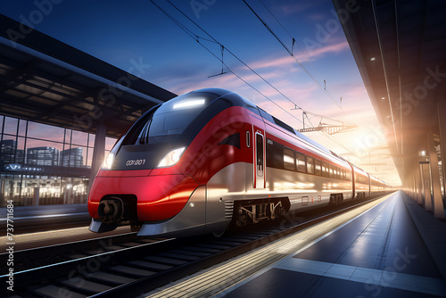 High speed train on a railway at sunset. 3d rendering