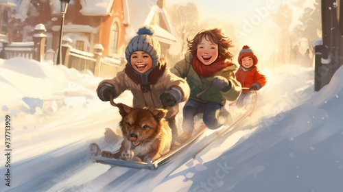 Cartoon illustration of children playing snowboarding sledding outdoors happily with pets in winter.