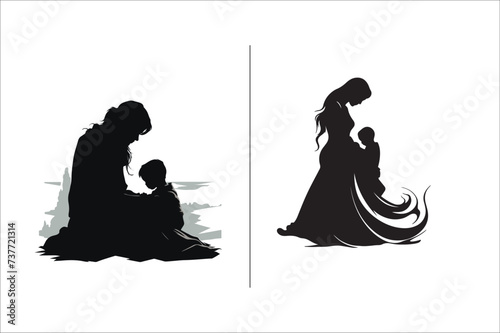Silhouette mother with a Daughter, mother with a son Vector illustration for Mother's Day.