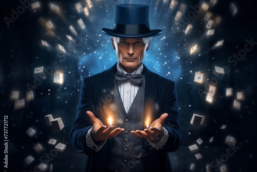 Mesmerizing magician releases cascade of sparkling magic and captivating bokeh effects from his hand, weaving spell of fascination and allure against backdrop of fantasy. Generative AI.