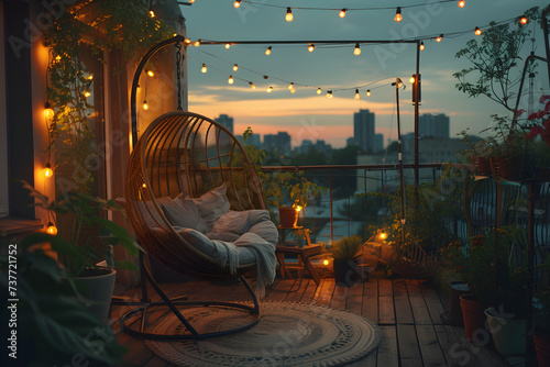 A comfortable rooftop patio area with a lounging area, a hanging chair, and string lights at dusk in the summer, perfect for relaxation and leisure.