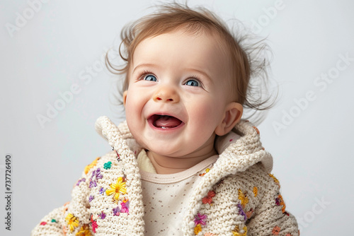Cute baby girl standing and laughing. Small little caucasian baby showing happy expression. Isolated on white background. Generative AI