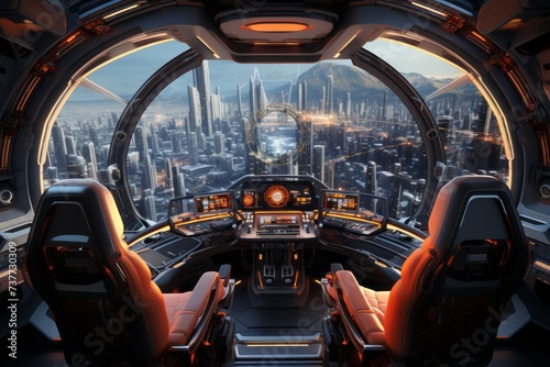 the cockpit of a space ship with a view of a futuristic city