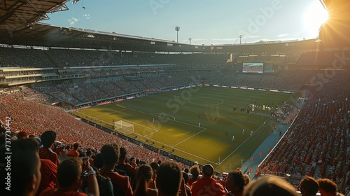 Capacity soccer stadium packed with fans during a game. Generative AI.