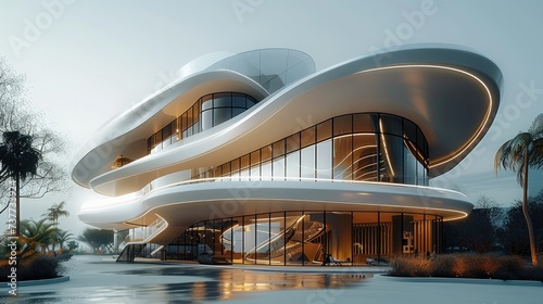 A highly architecture digest curvilinear, experience sales center, exterior shots of a contemporary building cantilever merged. Generative AI.